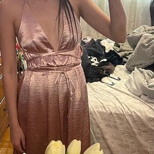 Dusty pink mauve halter wedding guest dress backless